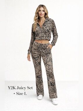 Y2K Juicy‎ Couture Leopard Print Velour Tracksuit Hoodie Pants Set L
